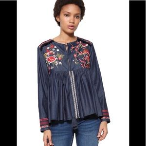 Desigual Vetta Blue Embroidered Denim Blouse NWT